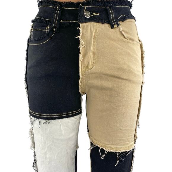 Womens Black Beige Colorblock Patchwork Frayed High Rise Straight Denim Jeans XS - Picture 4 of 5